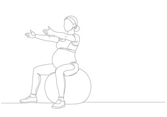 Continuous one line art drawing concept of a pregnant woman performing prenatal fitness exercises on a stability ball, promoting health and wellness