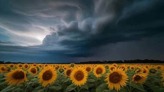 Field of vibrant yellow sunflowers beneath dramatic dark storm clouds - Powered by Adobe
