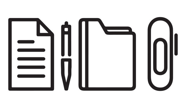  Simple line art icons representing paperwork documents pen folder and paperclip for office or organization