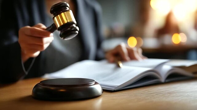 Close up of gavel and legal documents no faces visible court proceedings legal judgment judicial decision law enforcement attorney work legal system courtroom justice desk