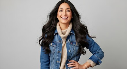Smiling Woman Wearing Denim Jacket and Knit Sweater Casual Outdoor Fashion Style