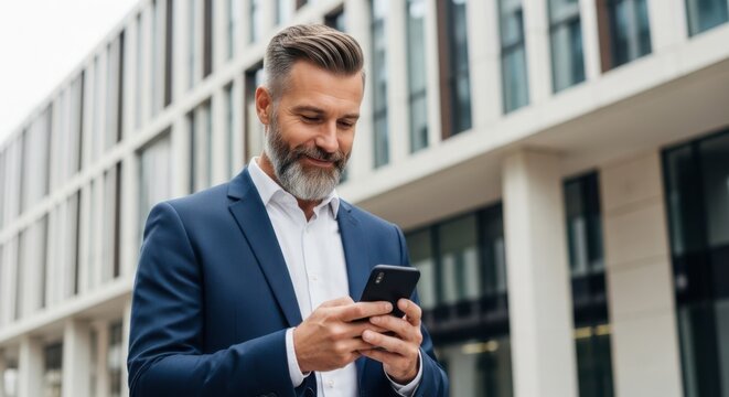 Smiling businessman using smartphone outside modern office building