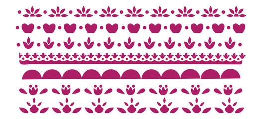 A collection of magenta Mexican  folk art style decorative borders with hearts and floral motifs on a white background.