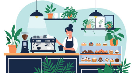 Smiling woman barista expertly preparing fresh coffee behind the counter in a modern cafe with an array of delicious pastries and cakes.