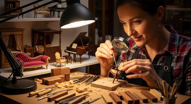 Woman meticulously crafting miniature furniture with tools, magnifying glass, and wooden pieces in a well-lit workshop setting, showcasing artisanal skill and dedication