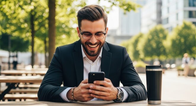 Smiling businessman engaged with smartphone at outdoor cafe