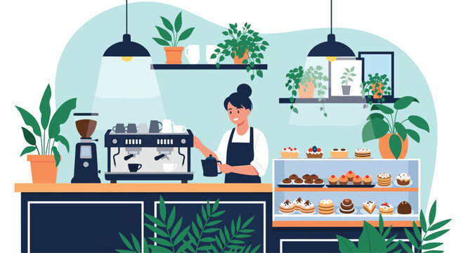 Smiling woman barista expertly preparing fresh coffee behind the counter in a modern cafe with an array of delicious pastries and cakes. - Powered by Adobe