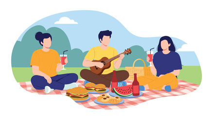 Happy diverse group of friends enjoying a musical picnic outdoors with delicious food and a ukulele on a checkered blanket.