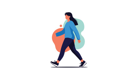 Obraz premium Confident young woman walking purposefully forward against a vibrant abstract background symbolizing progress and healthy movement.