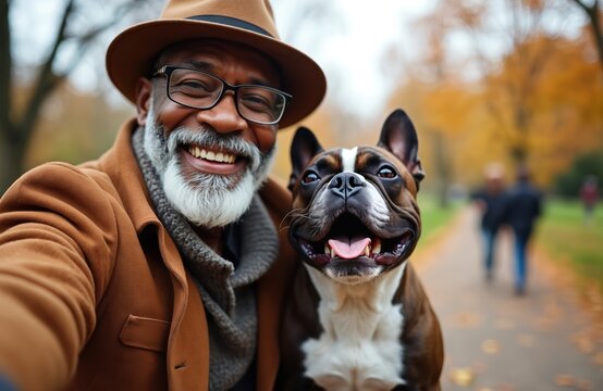 Happy senior african american man takes selfie with dog in autumn park. Smiling owner and pet companion enjoy outdoor time together in nature. They use smartphone for photo capture.