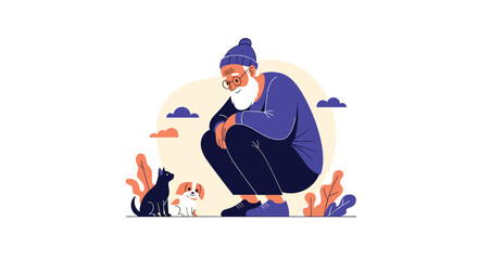 Obraz premium Gentle elderly man squatting down to affectionately interact with a curious cat and an adorable puppy symbolizing love for animals.