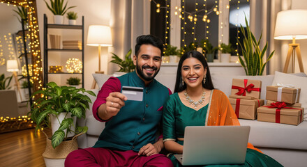 A joyful Indian couple in traditional attire shops online for festive gifts, holding a credit card and smiling together on a couch