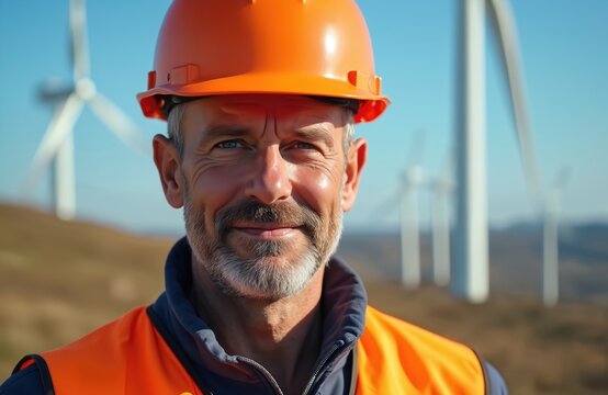Man in orange hard hat vest stands near wind turbines. Worker checks power generation equipment in field. Clean energy technician inspects modern windmill farm.