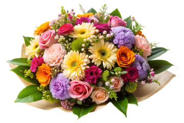 Beautiful watercolor illustration of a lush, romantic bouquet featuring pink, purple, white, and orange flower bloom variety with green leaf accent, isolated on transparent background