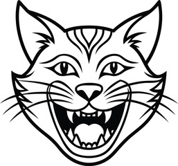 Cartoon cat face with wide grin black and white