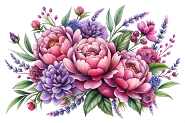 Exquisite bouquet of pink peony and purple chrysanthemum flower cluster with lavender sprigs and green foliage, detailed watercolor painting isolated on transparent background