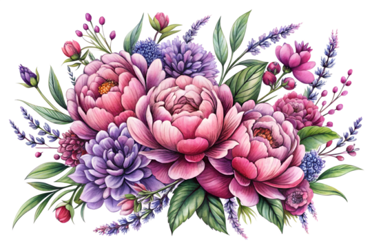 Exquisite bouquet of pink peony and purple chrysanthemum flower cluster with lavender sprigs and green foliage, detailed watercolor painting isolated on transparent background