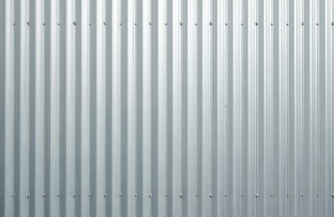Surface of white corrugated metal with rivets. Galvanized steel texture background. Industrial silver metallic sheet facade wall. Modern architecture exterior with symmetrical ribbed pattern fit for
