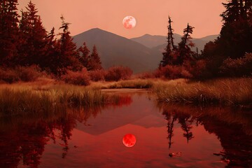 a crimson moon reflecting in the water