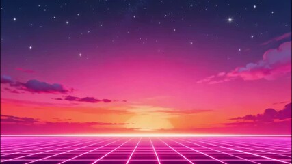Retro futuristic digital landscape with glowing neon grid and vibrant sunset sky - Powered by Adobe