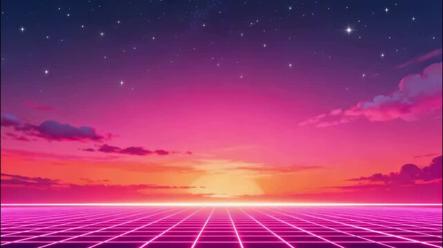 Retro futuristic digital landscape with glowing neon grid and vibrant sunset sky - Powered by Adobe