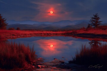 a crimson moon reflecting in the water
