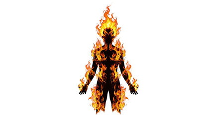 A human silhouette engulfed in vibrant orange and yellow flames, representing intense heat or energy.