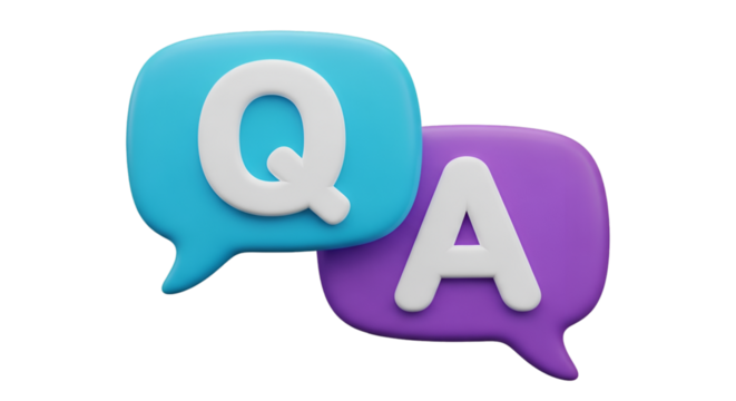 Cyan and purple speech bubbles with Q and A letters on transparent background - Powered by Adobe