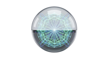 A transparent sphere containing a glowing, intricate blue and green geometric pattern, split horizontally with a darker reflective base.