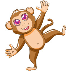 Joyful cartoon monkey with large pink eyes and a wide smile performs a playful dance with arms outstretched and one leg raised against a clean white background depicting a whimsical animal character