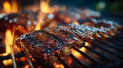 Succulent, smoky BBQ pork ribs grilling over glowing charcoal and intense flames, glistening with a rich glaze in a vibrant backyard at sunset.