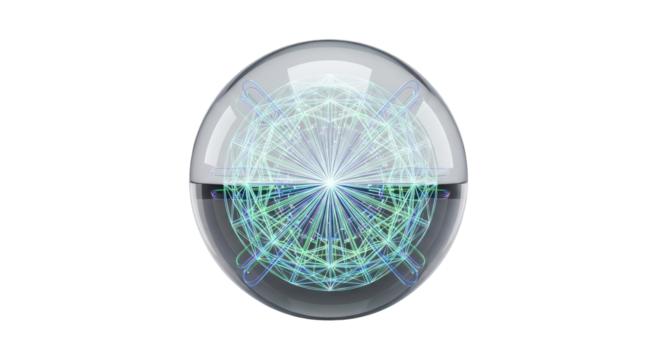 A transparent sphere containing a glowing, intricate blue and green geometric pattern, split horizontally with a darker reflective base. - Powered by Adobe