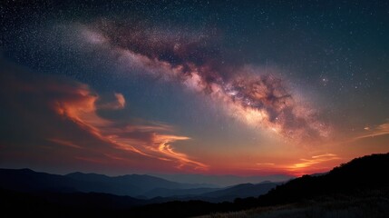 Fototapeta premium A night sky with a vibrant Milky Way over silhouetted mountains and colorful clouds