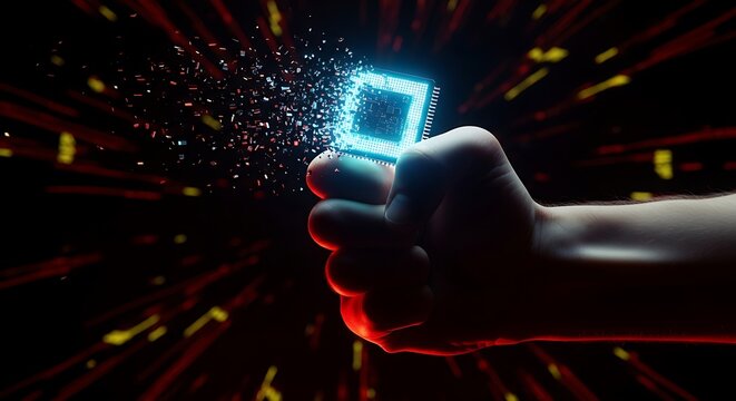 Hand holding a futuristic microchip technology concept with glowing particles innovation and advanced computing