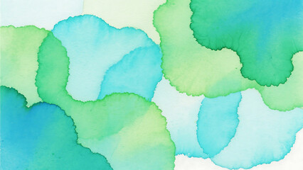 Abstract watercolor painting featuring overlapping blobs of green and blue hues on a white background