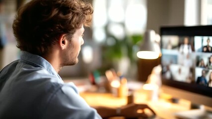Side view of person at computer with video chat interface face obscured online meeting remote work virtual communication telehealth consultation digital conference home - Powered by Adobe