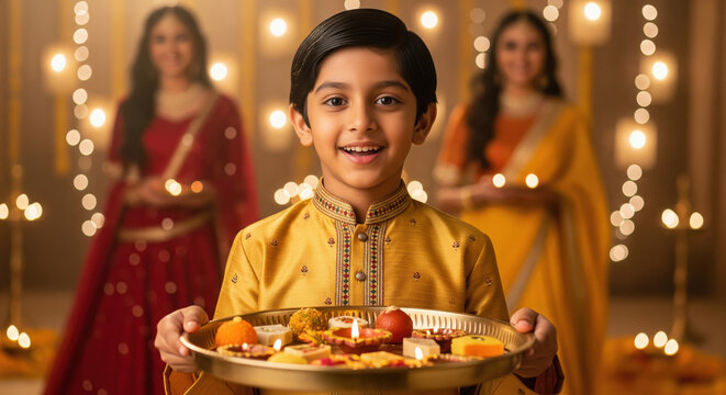 A little Indian boy in festive attire joyfully presents a decorated tray of diyas and sweets, with glowing lights and women in traditional dress