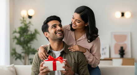 A cheerful young couple, sitting together indoors, shares a sweet moment as the man holds a gift box with a red ribbon