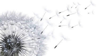 A close-up of a dandelion puffball with numerous seeds gracefully detaching and floating away in the wind against a clean white background.