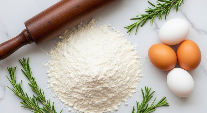 Baking ingredients including flour eggs rosemary and rolling pin isolated on white background