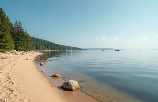 Sandy shore meets calm water on Lake Ladoga with sailboats gliding. Pine forest borders the coastline under a clear blue sky. Peaceful summer day scene perfect for travel and nature themes.