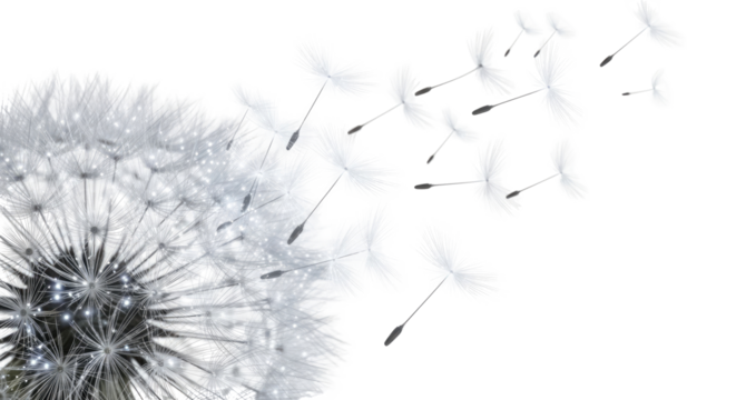 A close-up of a dandelion puffball with numerous seeds gracefully detaching and floating away in the wind against a clean white background.