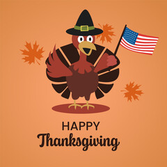 Happy Thanksgiving Cartoon Turkey with American Flag. Vector illustration.