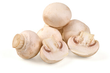 White Button Mushrooms Whole and Sliced, isolated on white background