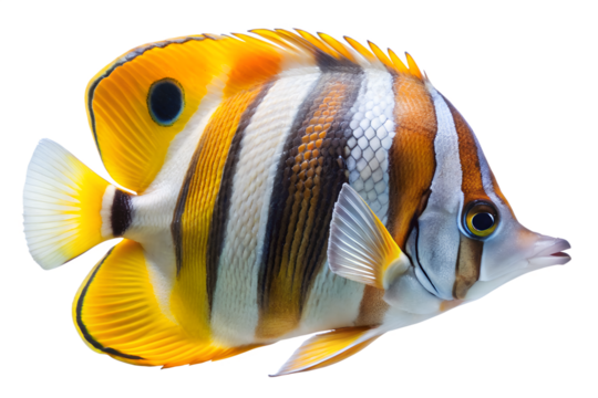 Vibrant tropical butterflyfish with striking vertical stripes of yellow, white, and black, featuring a distinct eyespot, isolated on transparent background