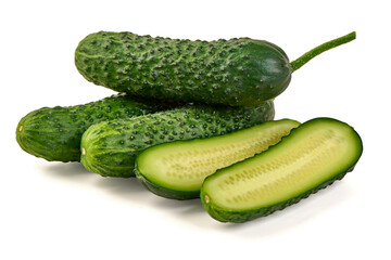 Fresh Cucumbers and Sliced Cucumber, isolated on white background