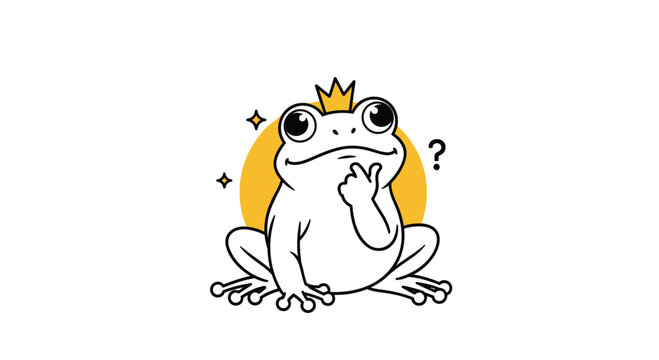 Cute cartoon frog prince wearing a crown looking up thoughtfully with a question mark against a simple yellow circle background.