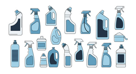 A large collection of various household cleaning product containers and bottles in a simple blue line art style illustration.