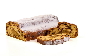 Christmas Stollen Cake with Raisins, isolated on white background