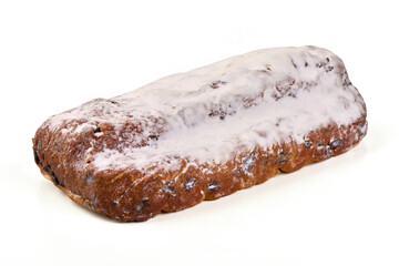 Stollen Bread, Raisins and Powdered Sugar, isolated on white background